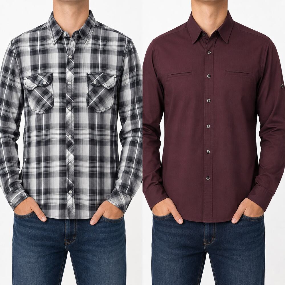 Lot of 2 INC International Concepts Shirts Men Large Burgundy Western Pearl Snap